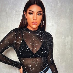 SHEIN BAE Lettuce Edge Glitter Mesh Top without bra